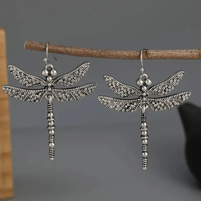 Vintage Dragonfly Dangle Earrings for Women in Silver Color - Smarsty