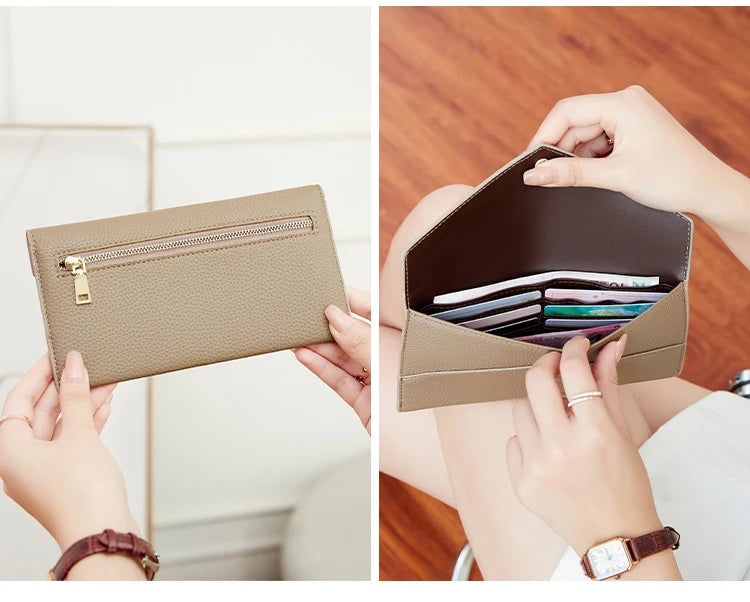 RFID Anti-Theft Purse for Women, Lychee Print, Soft Leather, Envelope Long Wallet, Ultra-thin, Portable, Simple Hand Bag