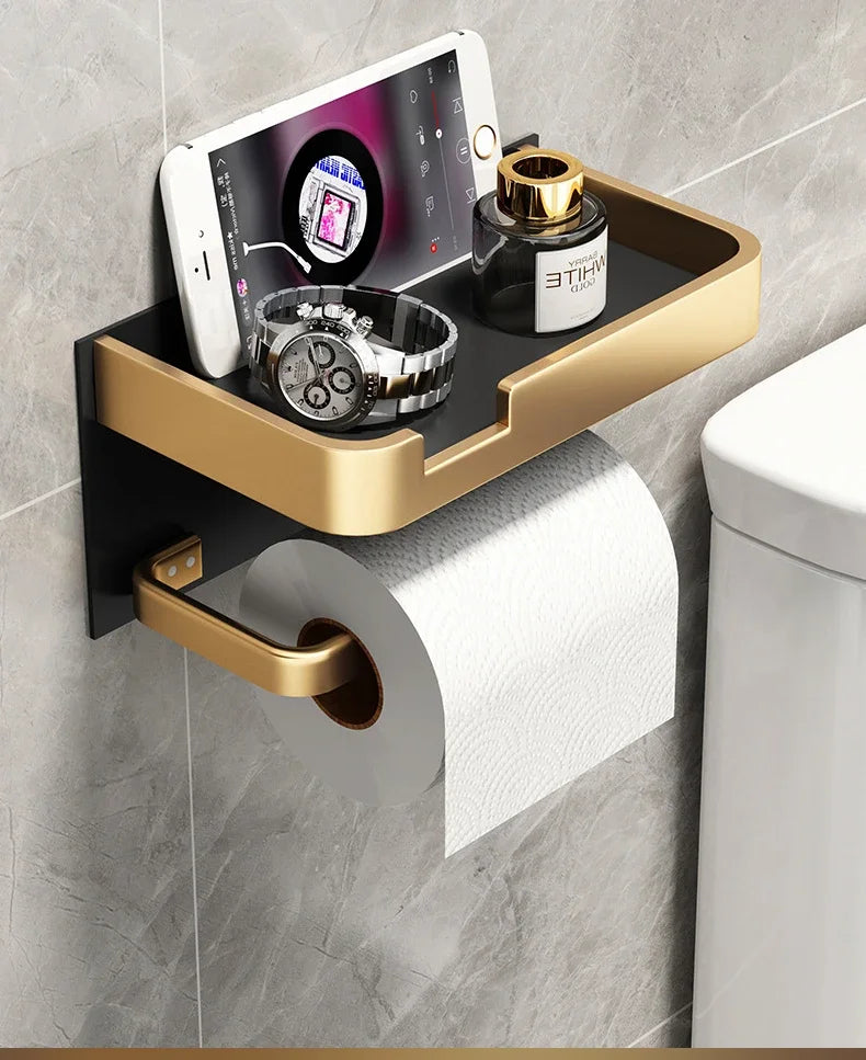 Black Gold Wall Mount Toilet Paper Holder with Shelf - Smarsty