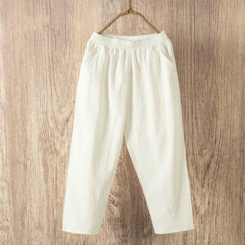 Women Summer Casual Loose Harem Elastic Waist Cotton Linen Pants Ninth Trousers - Smarsty