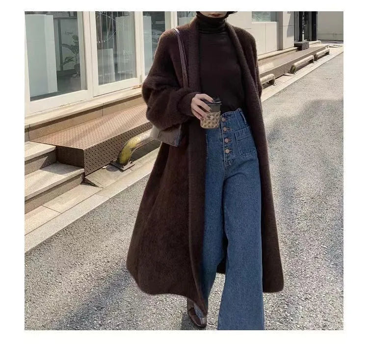 white Long Cardigan for women 2025 new winter clothes Knitted fluffy long sleeve Cashmere sweater coat korean style warm vintage - Smarsty