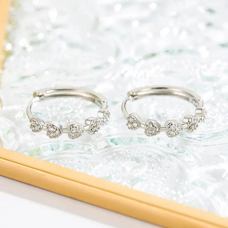 Tiny Heart Hoop Earrings Silver Zircon Shiny Wedding - Smarsty