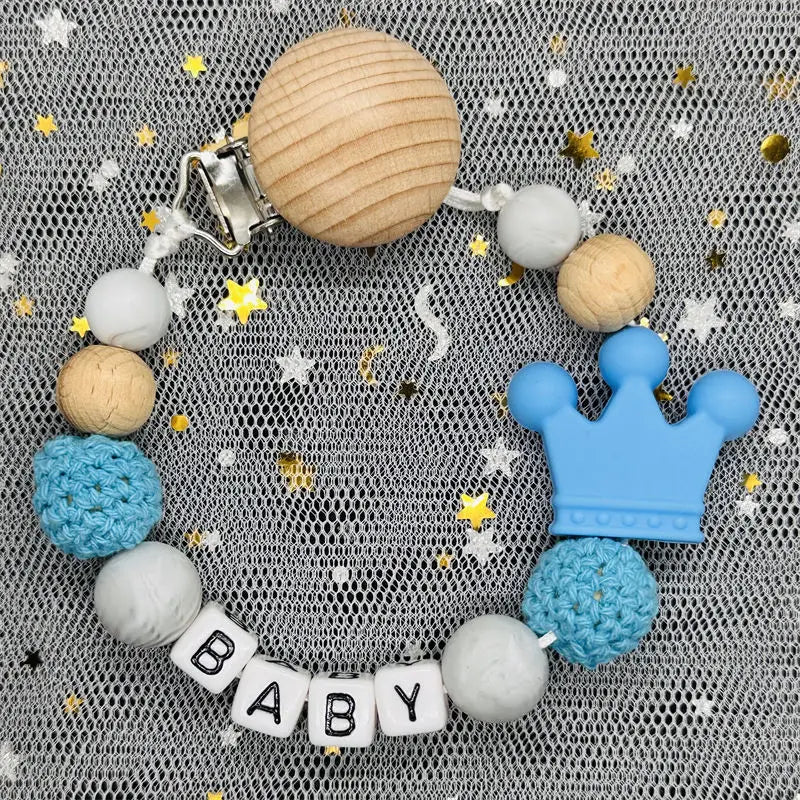 NEW Custom Personalized Name Pacifier Clip Handmade Beech Wooden Chain Silicone Crown Holder Soother Baby Teething Toy Chew Gift by Smarsty