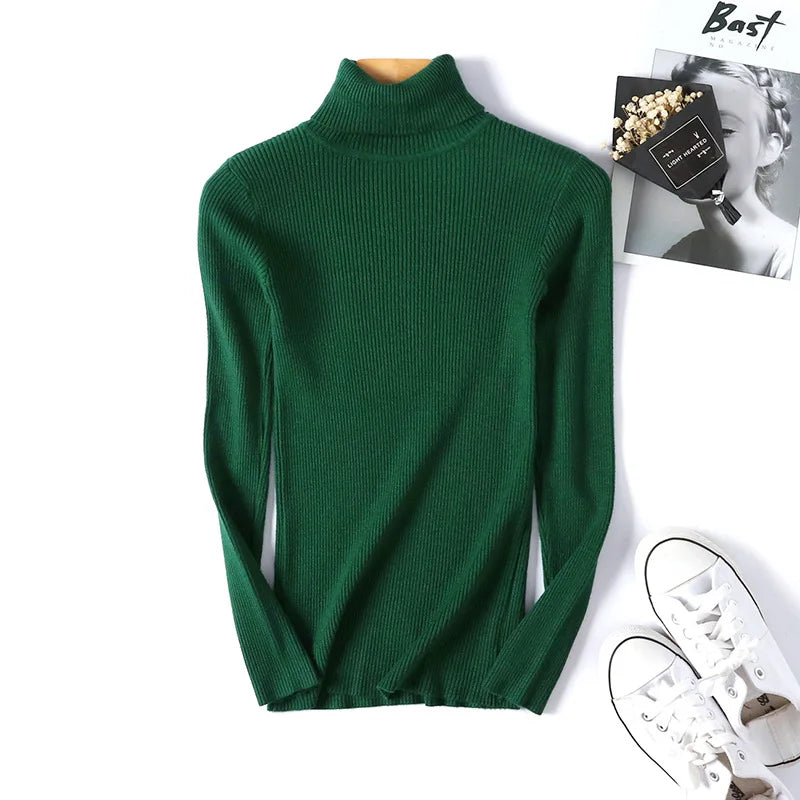 2025 Autumn Winter Women Long Sleeve Knitted Foldover Turtleneck Ribbed Pull Sweater Soft Warm Femme Jumper Pullover Clothes - Smarsty