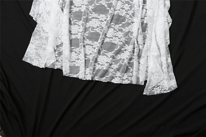 Goth Dark Fairycore Lace Flare Sleeve Square Neck A-line Dress Sweet E-girl Irregular Long Hem Dresses Cyber Y2K Party Vestido - Smarsty