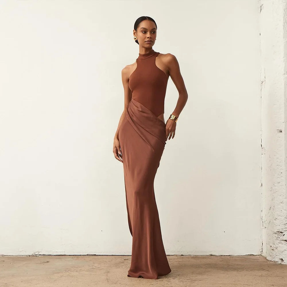JULISSA MO Satin Sexy Hollow Out Women Maxi Dress Black Sleeveless High Waist Dress Female Autumn Skinny Elegant Party Clubwear - Smarsty