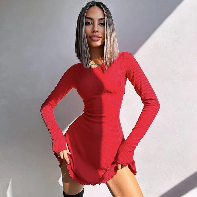 Dulzura Women 2024 Spring Autumn Fashion Long Sleeve Knitted Streetwear Bodycon Short Mini Dress Wholesale Items For Business - Smarsty