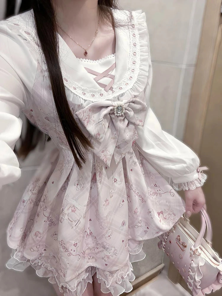 Japanese Sweet Cute Slim Dress Women Kawaii Chic Print Bow Thin Long Sleeve Dresses Female Design Pretty Lovely New Clothing - Smarsty