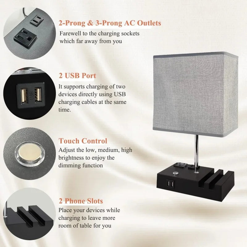 SZRSTH 15.7" Bedside Table Lamp for Bedroom, Dual Fast USB Charging Ports, Fully Dimmable Nightstand Lamps