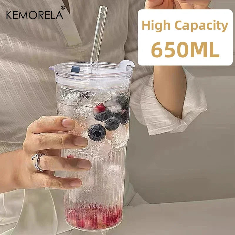 600ML Eco-Friendly Stripe Glass Cup with Lid and Straw - Smarsty