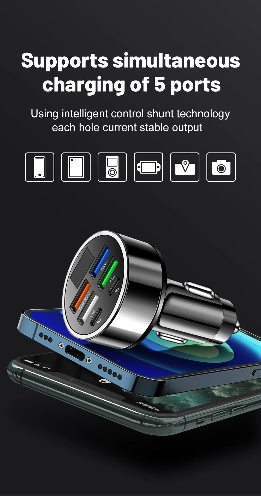 Ultra High Efficiency Car Charger With PD QC30 Six Ports - Smarsty