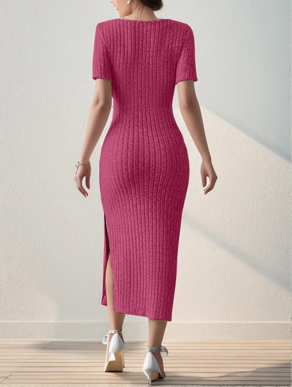 Summer Square Neck, Hip-Hugging Mid-Length Skirt, Short-Sleeved, Versatile Knitted Slit Dress - Smarsty