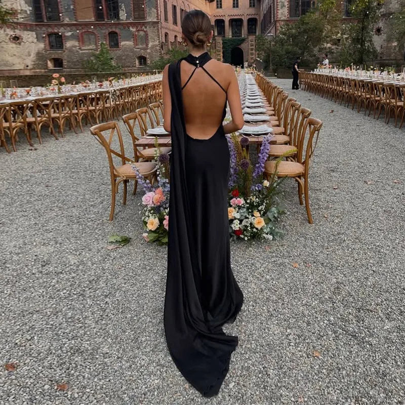 Elegant Women's Ribbon Long Satin Party Dress Halter Backless Sleeveless Female Dresses 2025 Summer Lady Solid Evening Gowns