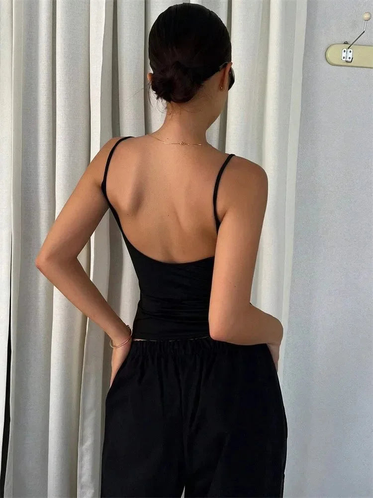 Women Backless Cami Crop Top Summer Solid Color Casual Sleeveless Top Streetwear Y2K Clothes - Smarsty