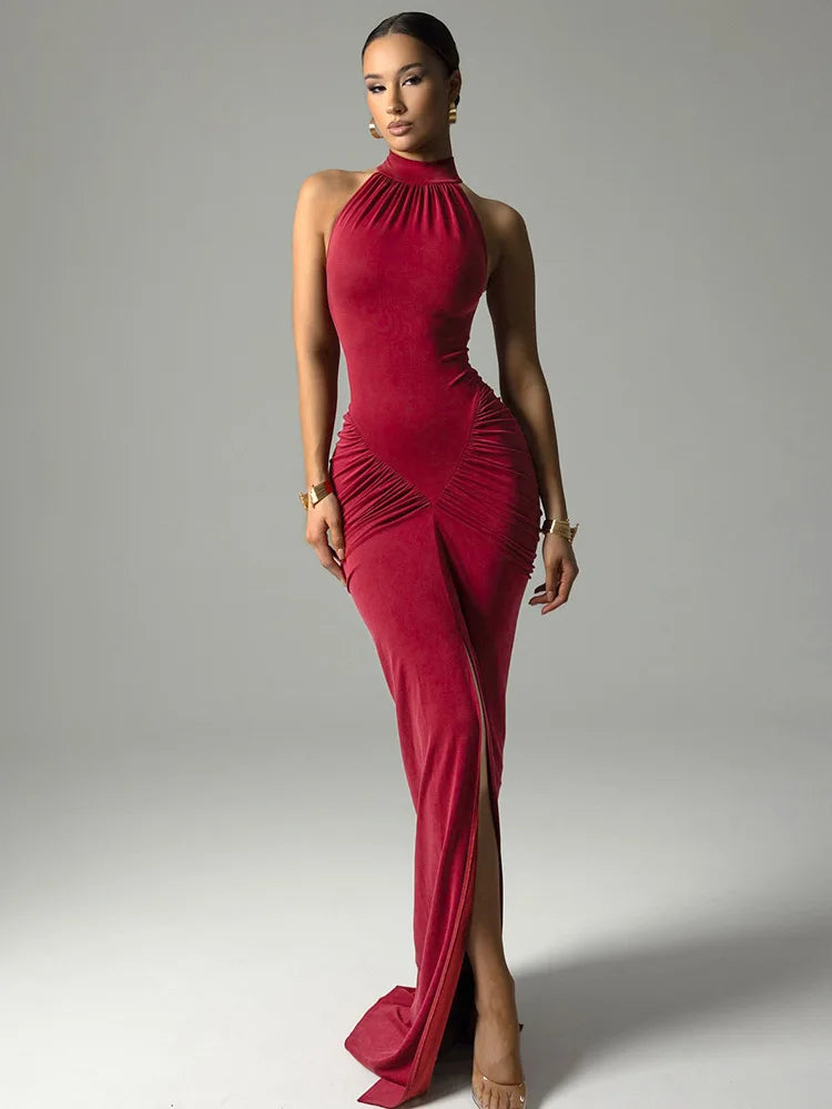 Mozision Halter Ruched Sleeveless Sexy Maxi Dress Women Gown Fashion Slim High Waist Evening Club Party Split Long Dress - Smarsty