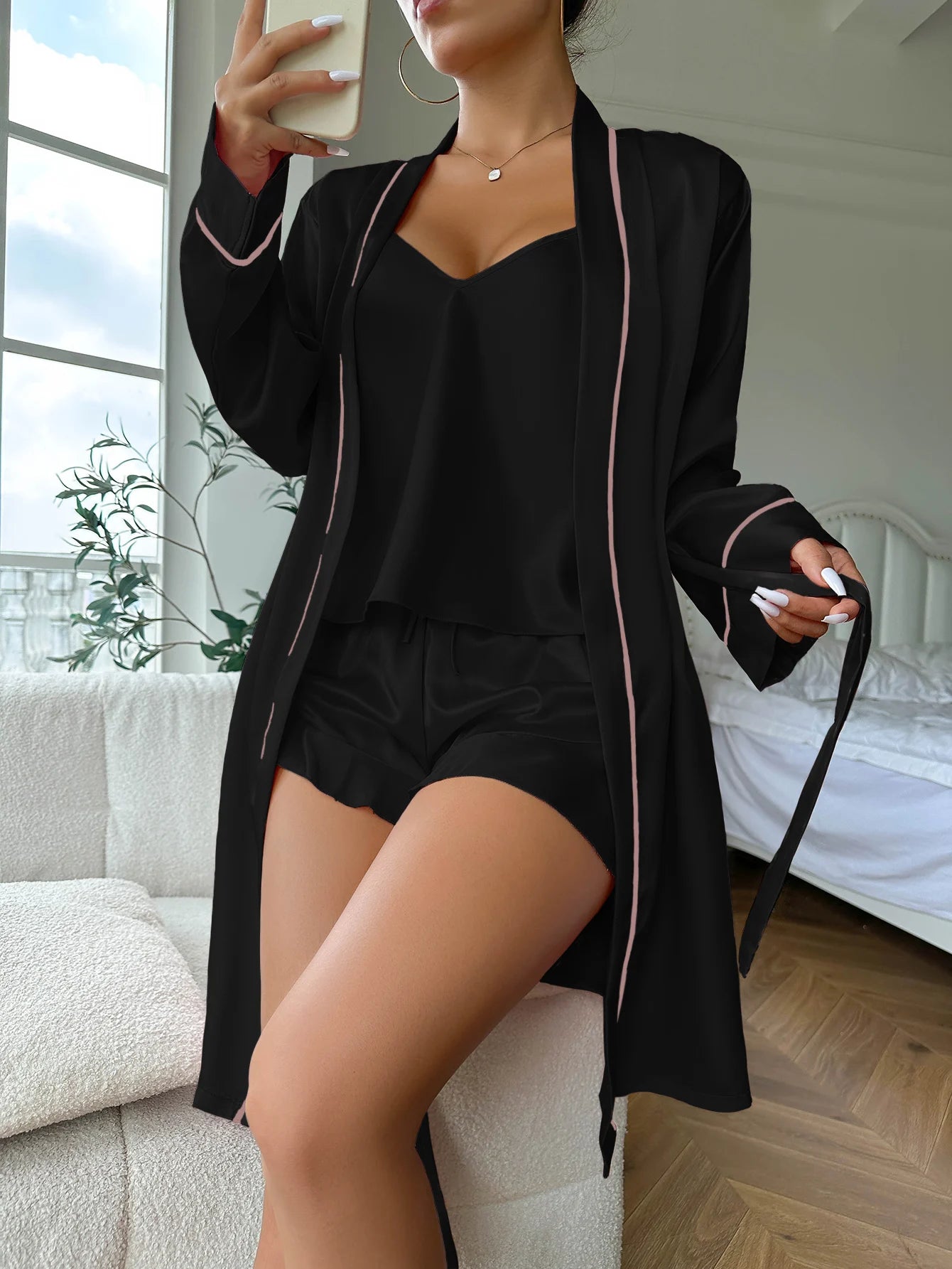Simple Satin Pajama Set Long Sleeve Belted Robe V Neck Cami Top And Shorts Women's Sleepwear - Smarsty