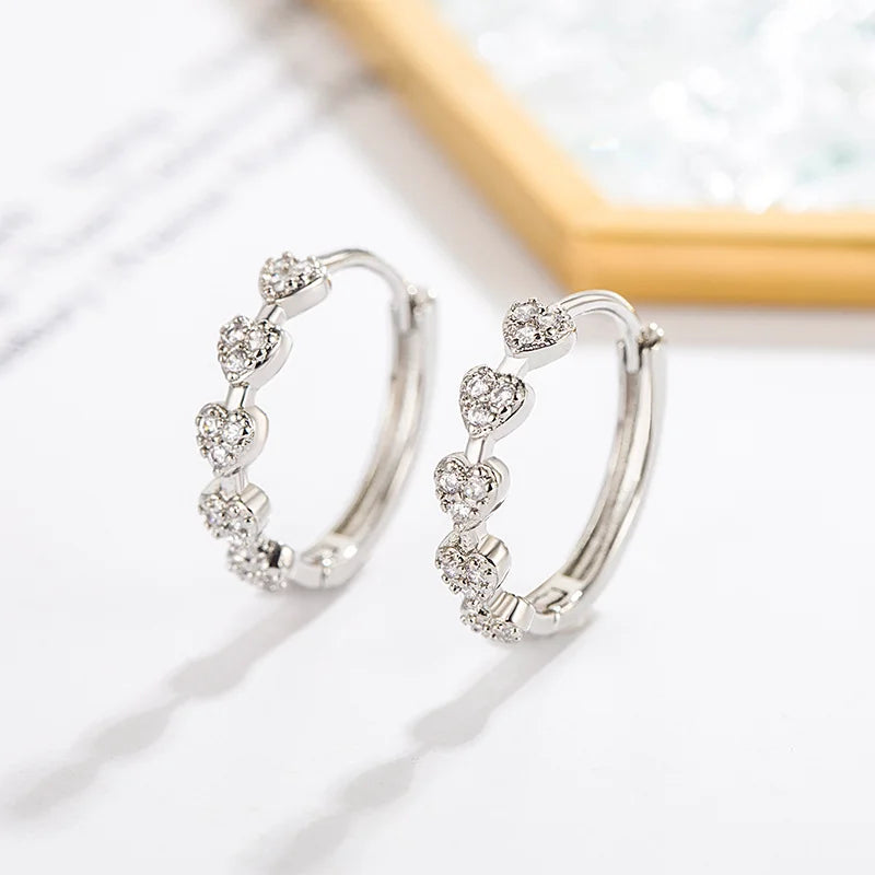 Tiny Heart Hoop Earrings Silver Zircon Shiny Wedding - Smarsty