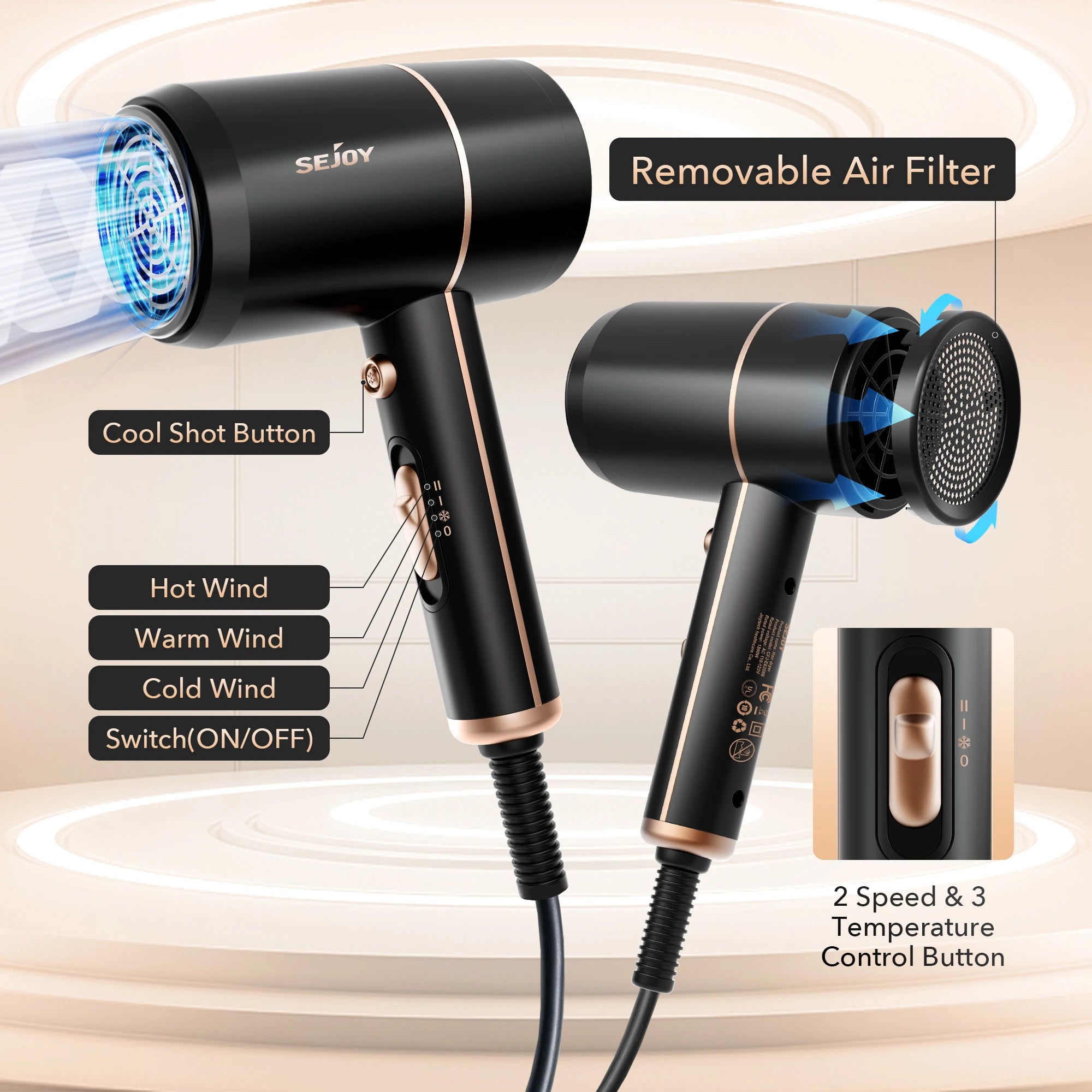 Sejoy 1800W Negative Ion Hair Dryer with Temperature Control - Smarsty