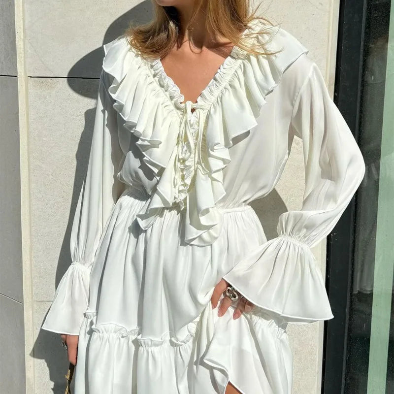 Talenza White Ruffle Bandage Mini Dress Women's Elegant Patchwork Long Sleeve Dress New Slim V Neck Lace Up Summer Mini Dress - Smarsty