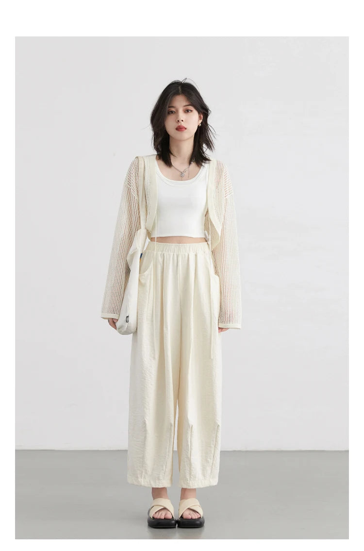 CHIC VEN Women White Pants Solid Casual Elastic Waist High Waisted Pleated Wide Leg Female Trousers Fold Summer 2025 Clothing - Smarsty