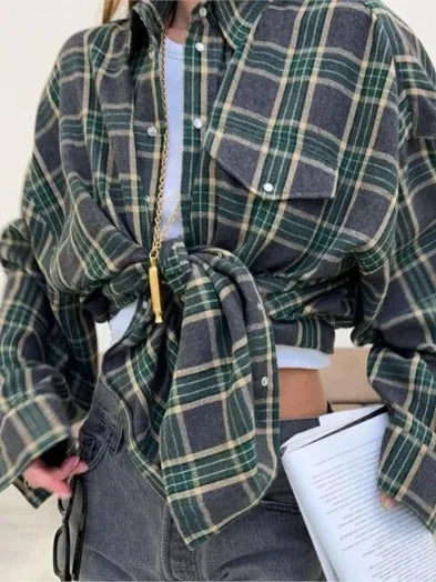 Oversized Plaid Shirt Autumn Winter Women Vintage Long Sleeve Fashion Loose Lapel Pocket Shirt Fit Blouse Korean Style - Smarsty
