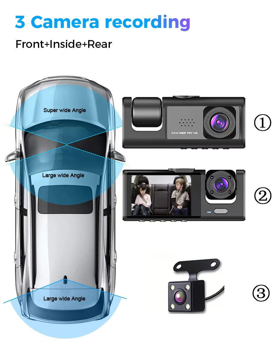 Dash Cam W/ IR Night Vision Loop Recording & 2" IPS Screen 1080P 3 Camera , DVR recorder, video recorder, Vehicle DVR - Smarsty