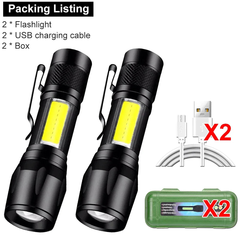 Mini LED Flashlight COB+XPE Portable Torch USB Charging Camping Lantern Zoomable Focus Light Tactical Flashlight with Pen Clip - Smarsty