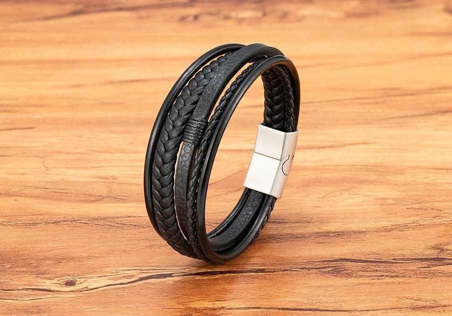 Mens Leather Bracelet Magnetic Buckle Multilayer Bangles - Smarsty
