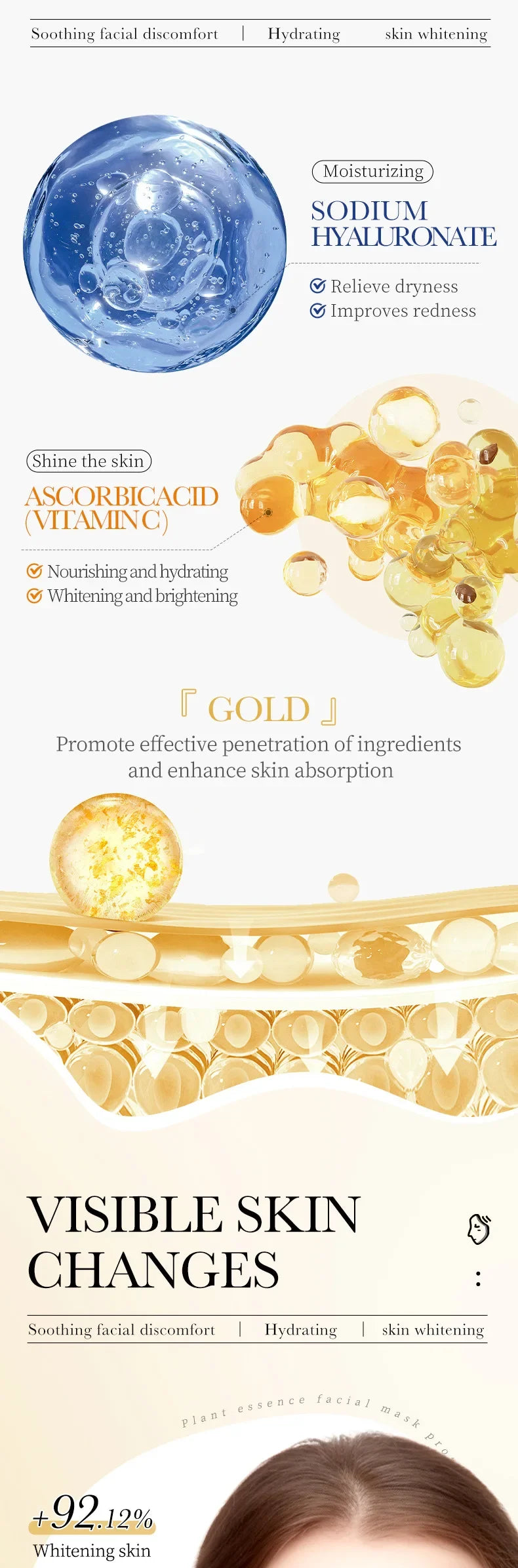 24K Gold Hyaluronic Acid Face Masks for Firming and Moisturizing - Smarsty