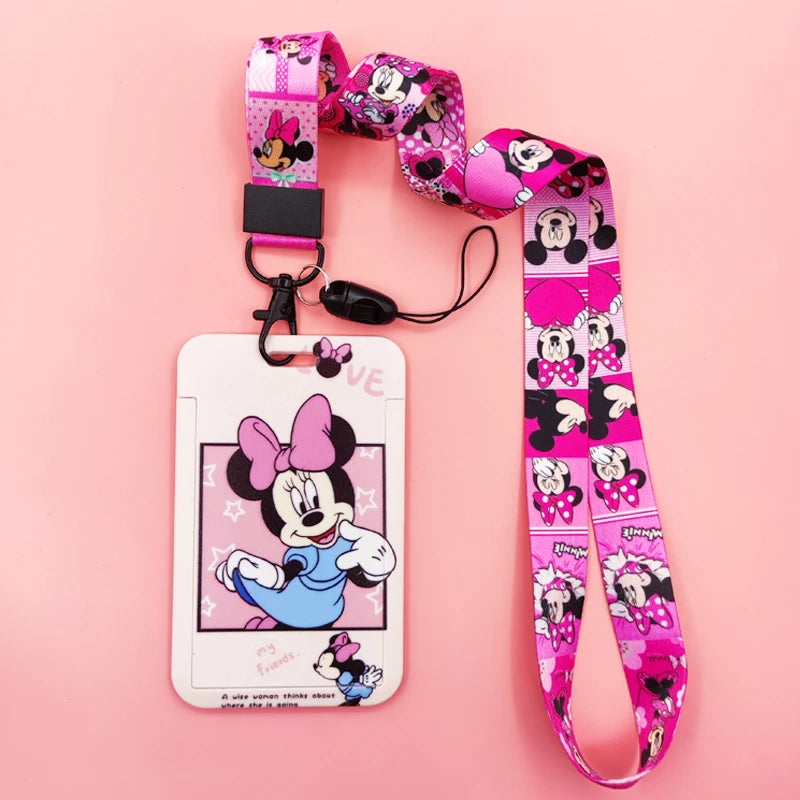 Disney Pink Lanyard ID Badge Holder Mickey Credit Card Case Neck Strap Minnie Card Holders Girl Credentials Accessories Keychain