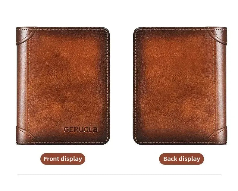 Men Wallet Genuine Leather Rfid Blocking Trifold Wallet Vintage Thin Short Multi Function ID Credit Card Holder Male Purse Money