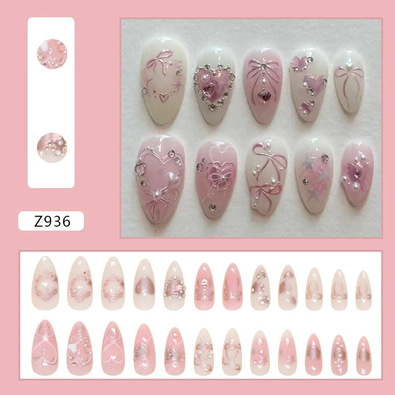 24 Piece Pink Almond Fake Nail Set With Bowknot Design - Smarsty