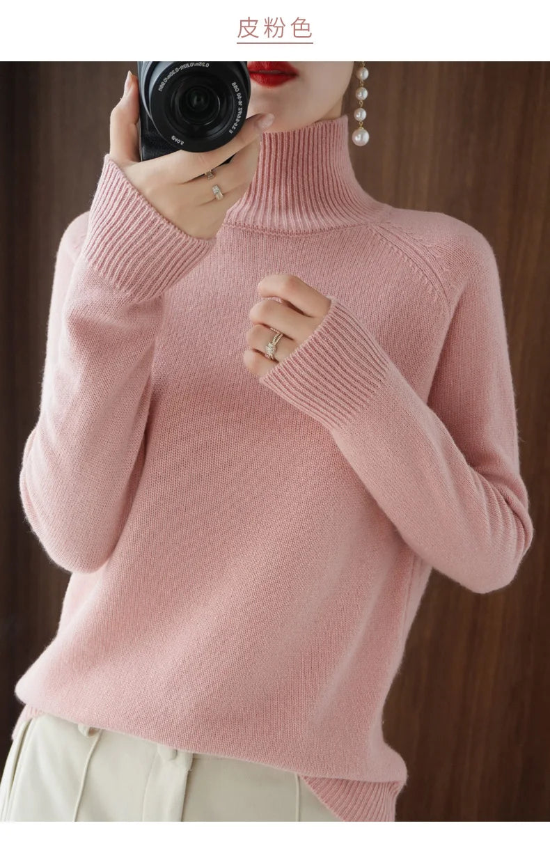 Fashion Basic Autumn Winter Merino Wool Sweater Mock Neck Cashmere Pullover Solid Color Soft Long Sleeve Clothing Tops - Smarsty