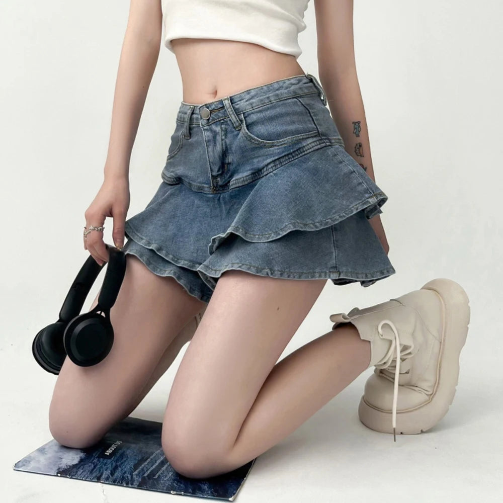 Vintage Denim Skirt Shorts Women Summer Korean Fashion High Waist A-line Wash Blue Slim Cute Sexy Mini Jeans Ruffle Skirt Female - Smarsty