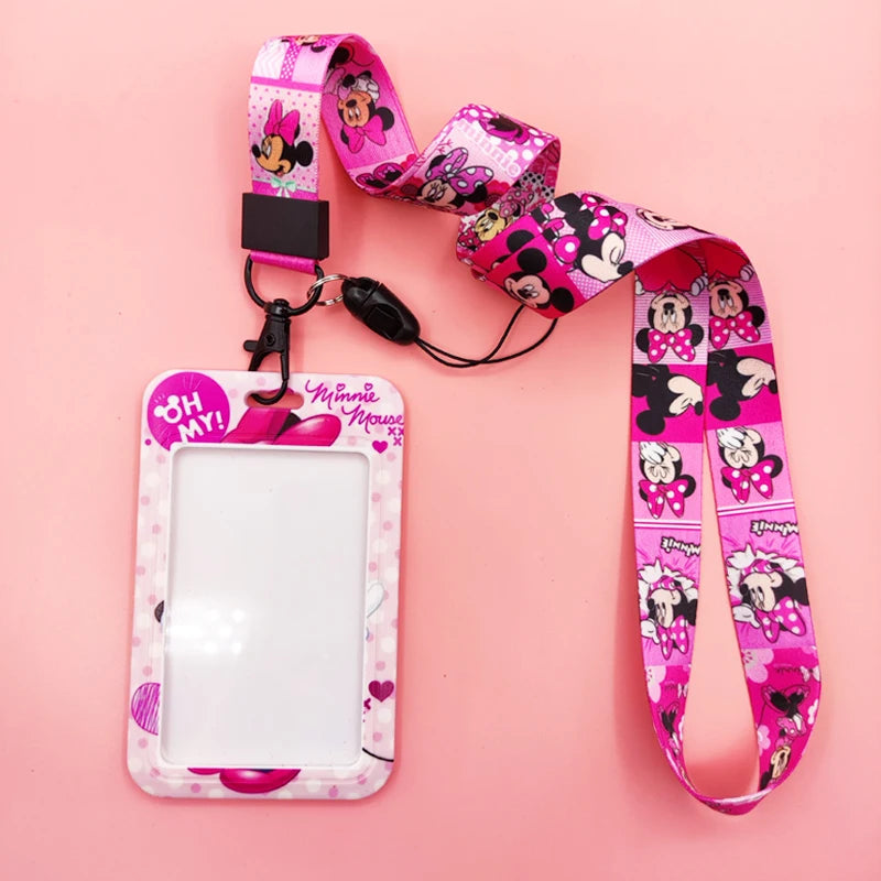 Disney Pink Lanyard ID Badge Holder Mickey Credit Card Case Neck Strap Minnie Card Holders Girl Credentials Accessories Keychain