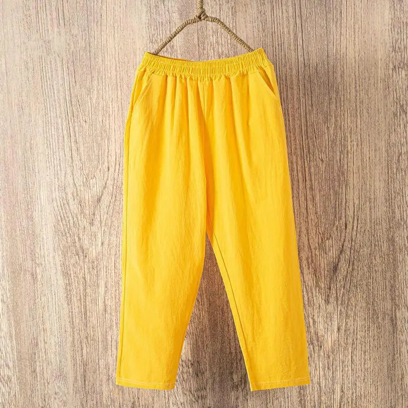 Women Summer Casual Loose Harem Elastic Waist Cotton Linen Pants Ninth Trousers - Smarsty