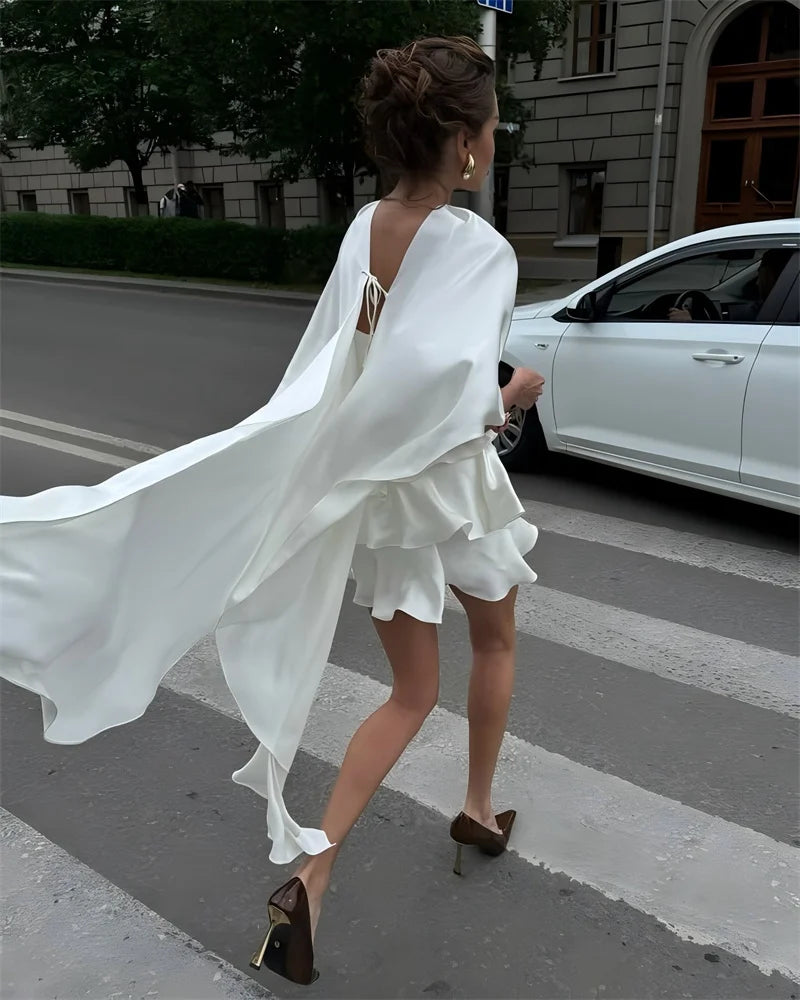 Mozision Shawl Sleeve Ruffle Sexy Mini Dress Women Robe Fashion Solid Lace-up Backless Club Party Dress Female Elegant Dresses