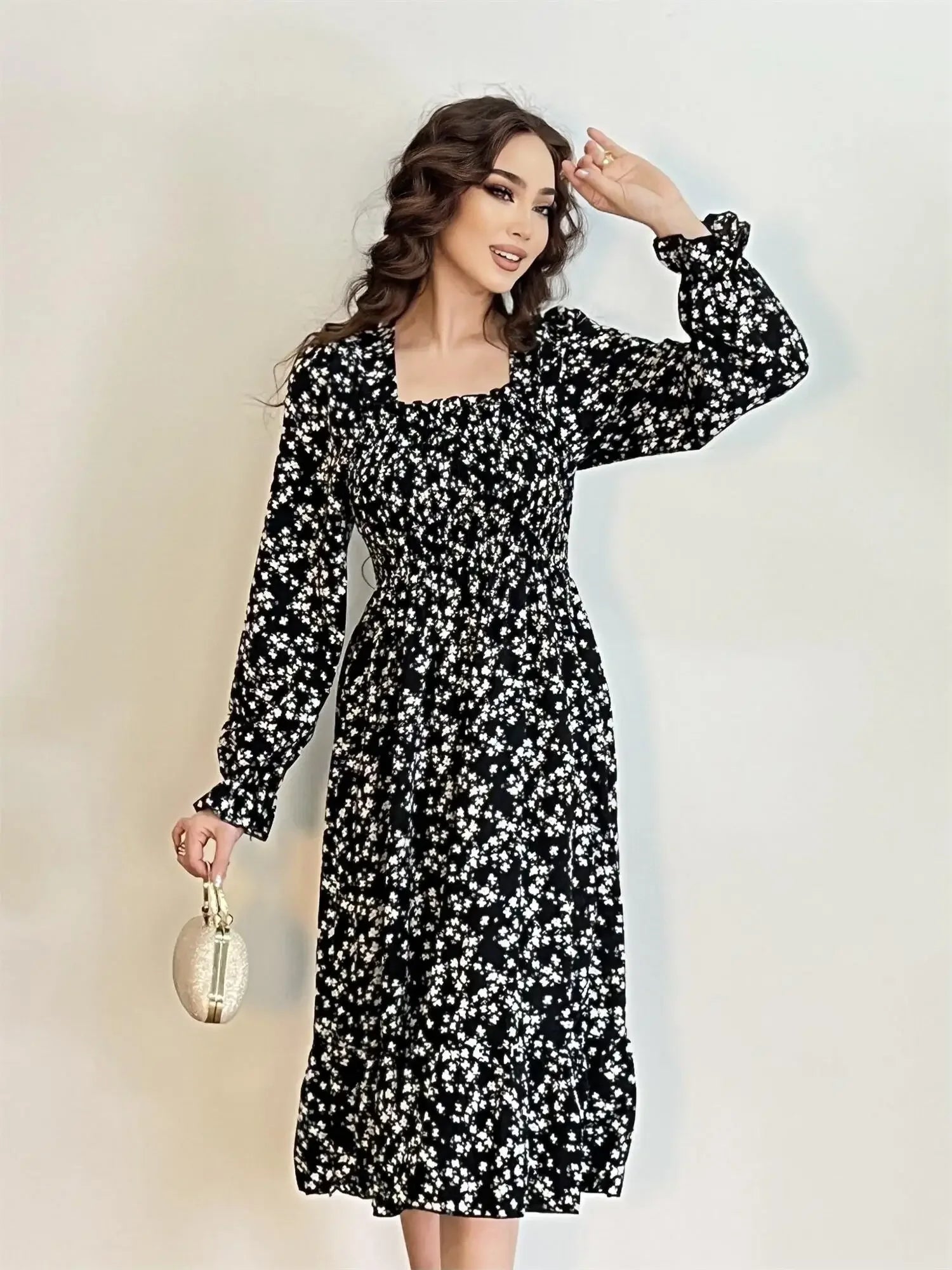 Long Sleeve Casual Dress Women Chiffon Dresses Autumn Spring A-line Printed Floral Elastic Chest Lace Up Midi Dresses Vestidos - Smarsty
