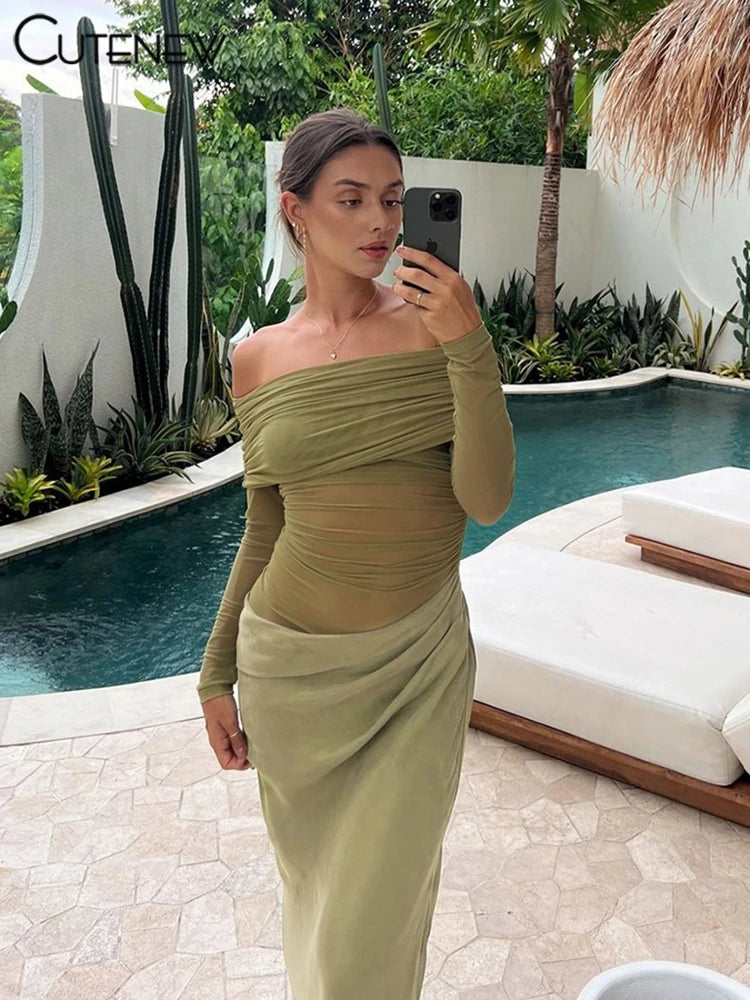 Cutenew Mesh Ruched Women Maxi Dress Sexy See Through Off Shoulder Long Sleeve Sheath Vestidos Female Midnight Party Solid Robe - Smarsty