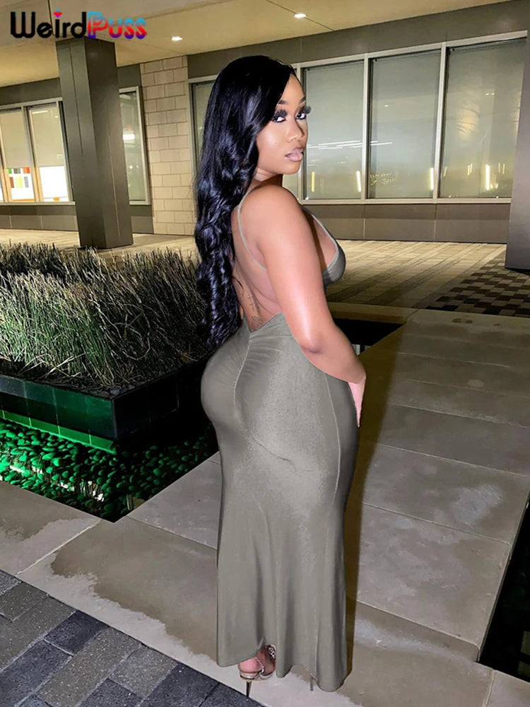 Weird Puss Sexy Backless Women Evening Maxi Dress Folds V-Neck Sleeveless Coquette Elegant Mermaid Matching Banquet Prom Bodycon - Smarsty