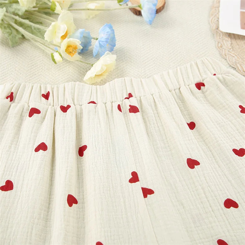 Summer New Love Heart Print Pyjama 100% Cotton Long Sleeve Set 2Pcs Outfit Lapel Sleepwear Button Down Women's Pajamas Nightwear - Smarsty