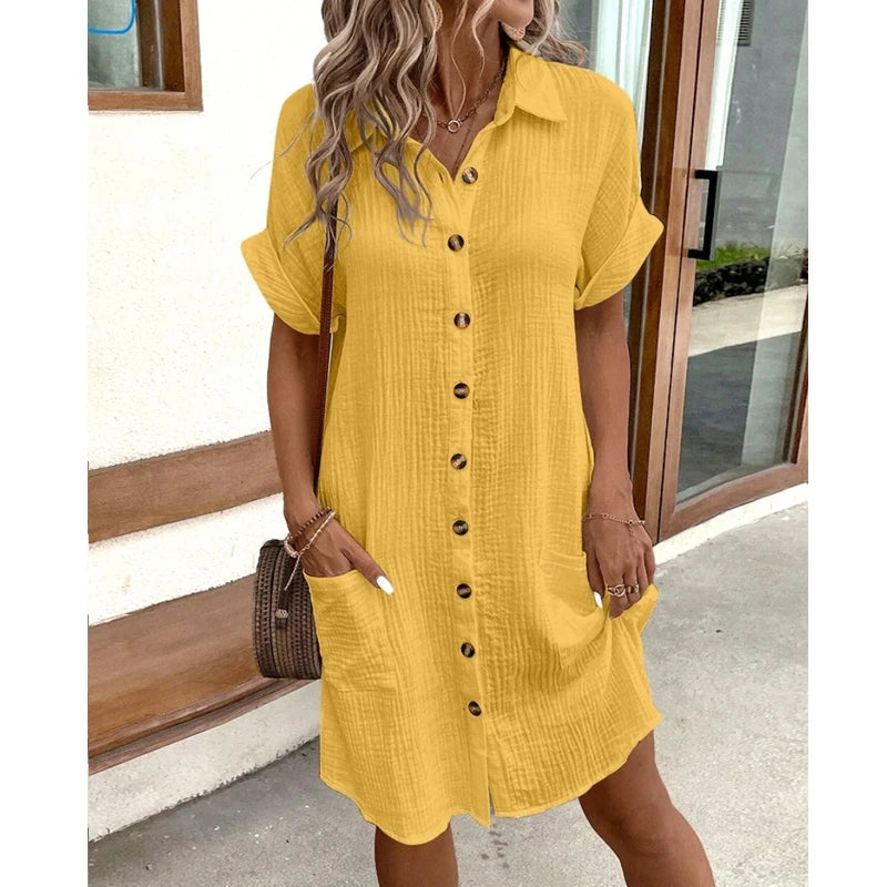 Fashion Women Summer Short Sleeve Shirt Dress Elegant Loose Simple Pockets Office Single Breasted Casual Party Dresses Clothes - Smarsty