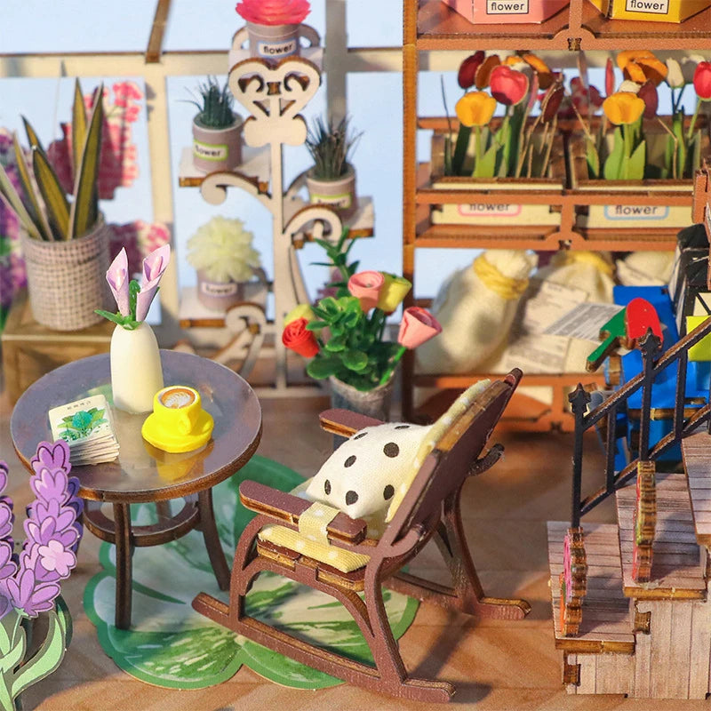 Wooden Flower Garden Doll House DIY Garden House Book Nook Shelf Insert 3D Puzzle Assembly Building Bookshelf With LED Lights