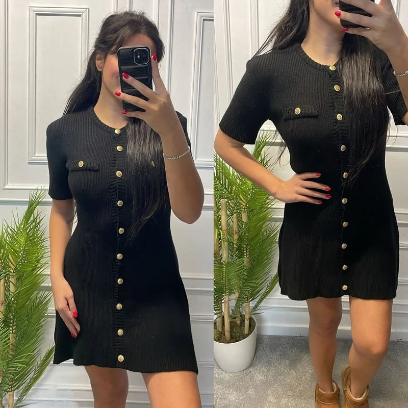 White Elegant Knitted Mini Dress For Women Metal Button Sexy Slim Rib Sweater Dress Holiday Party Outfits Autumn 2024 New - Smarsty