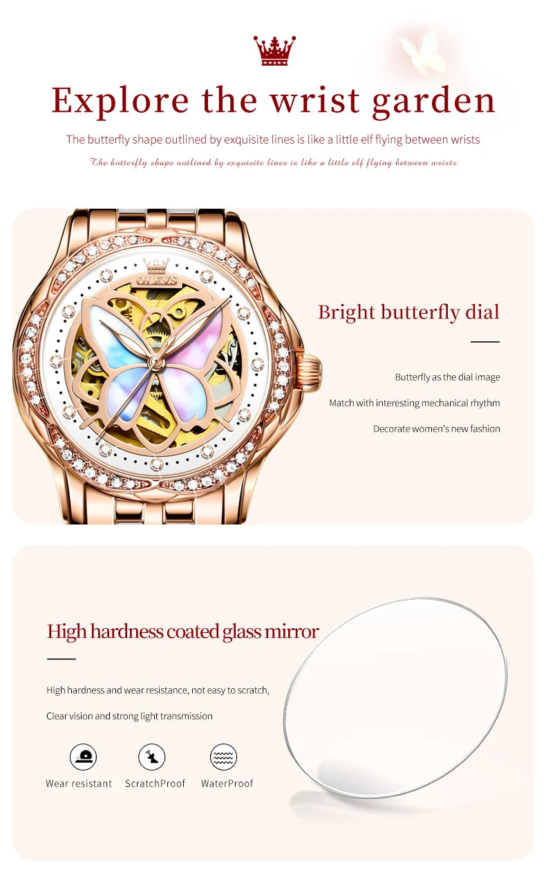 OLEVS 6615 Womens Watch Original Bezel Ceramic Mechanical Automatic Wristwatch Waterproof Luminous Ladies Watch Butterfly Dial - Smarsty