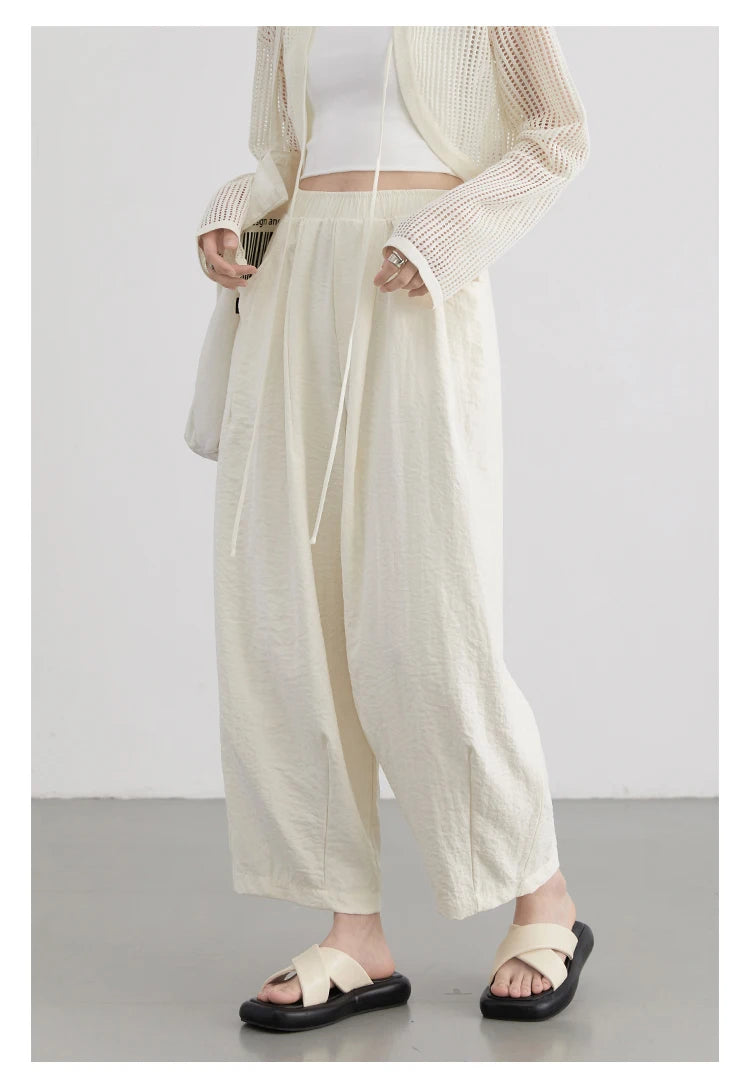 CHIC VEN Women White Pants Solid Casual Elastic Waist High Waisted Pleated Wide Leg Female Trousers Fold Summer 2025 Clothing - Smarsty