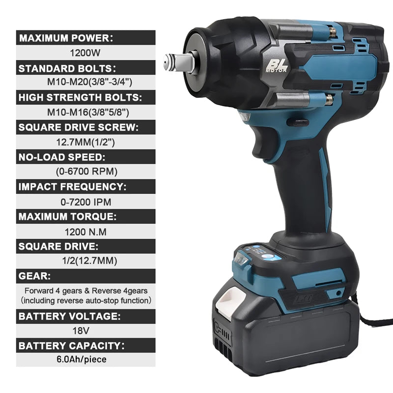 1200N.M Torque Brushless Electric Impact Wrench Cordless Power Tool - Smarsty