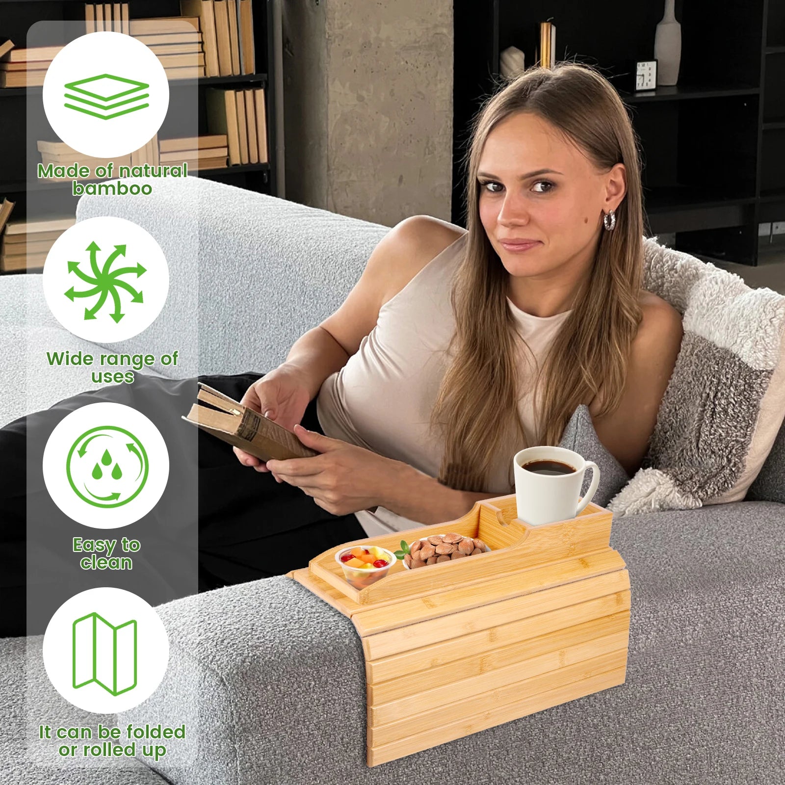 Couch Cup Holder Bamboo Wood Sofa Armrest Tray Foldable Sofa Cup Holder Anti-Slip Couch Arm Cup Holder Sofa Side Storage Tray by Smarsty