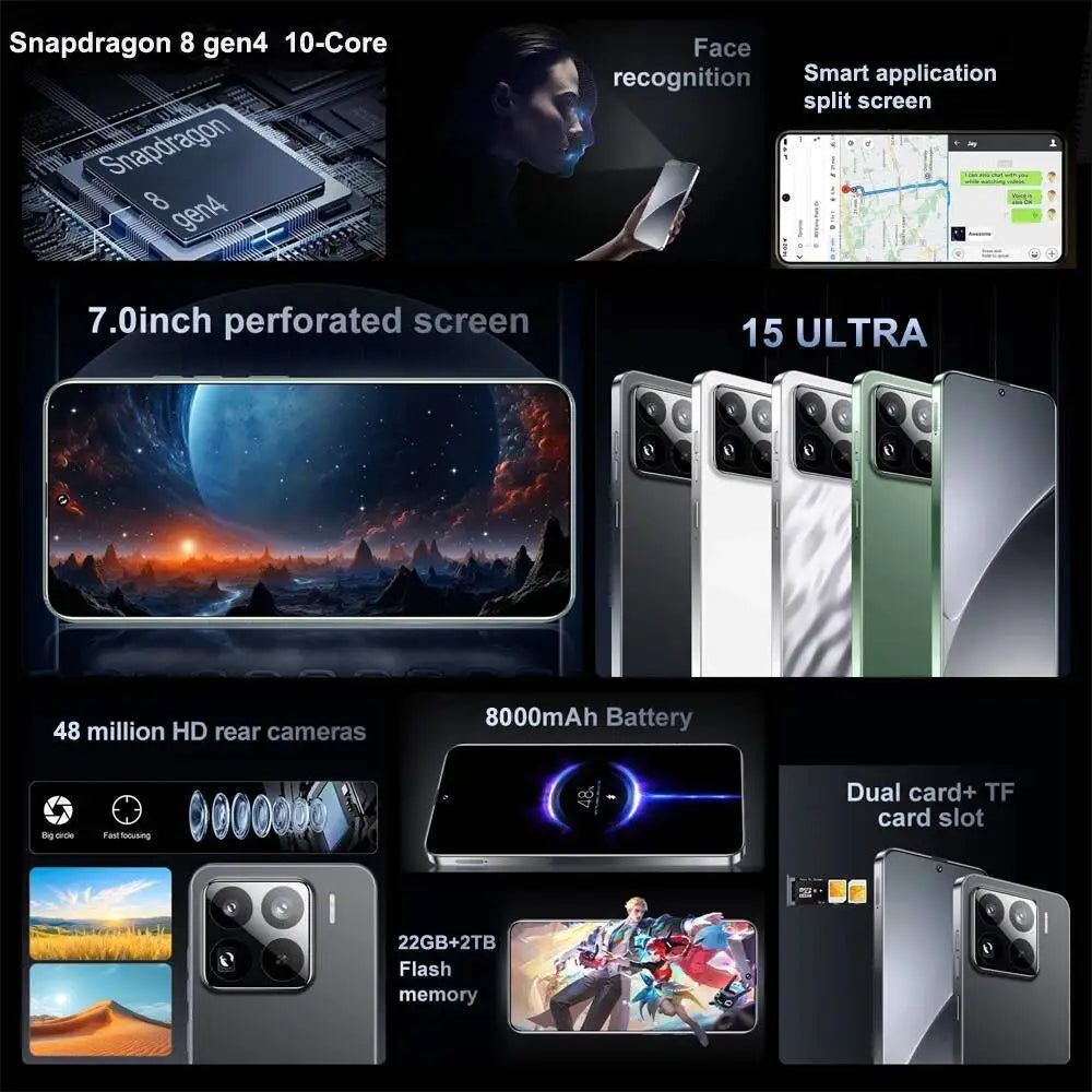 New 2025 HOT 15 Ultra 7.0HD Global Edition Original Smart Dual Card Facial Recognition Function 8000mAh Battery