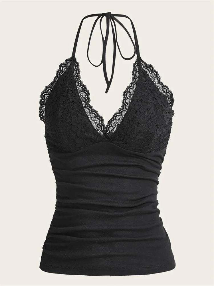 Goth Grunge Punk Black Lace Patchwork Halter Top Women Summer Solid Ruched Backless Sleeveless Tank Top Streetwear Y2K Clothes - Smarsty